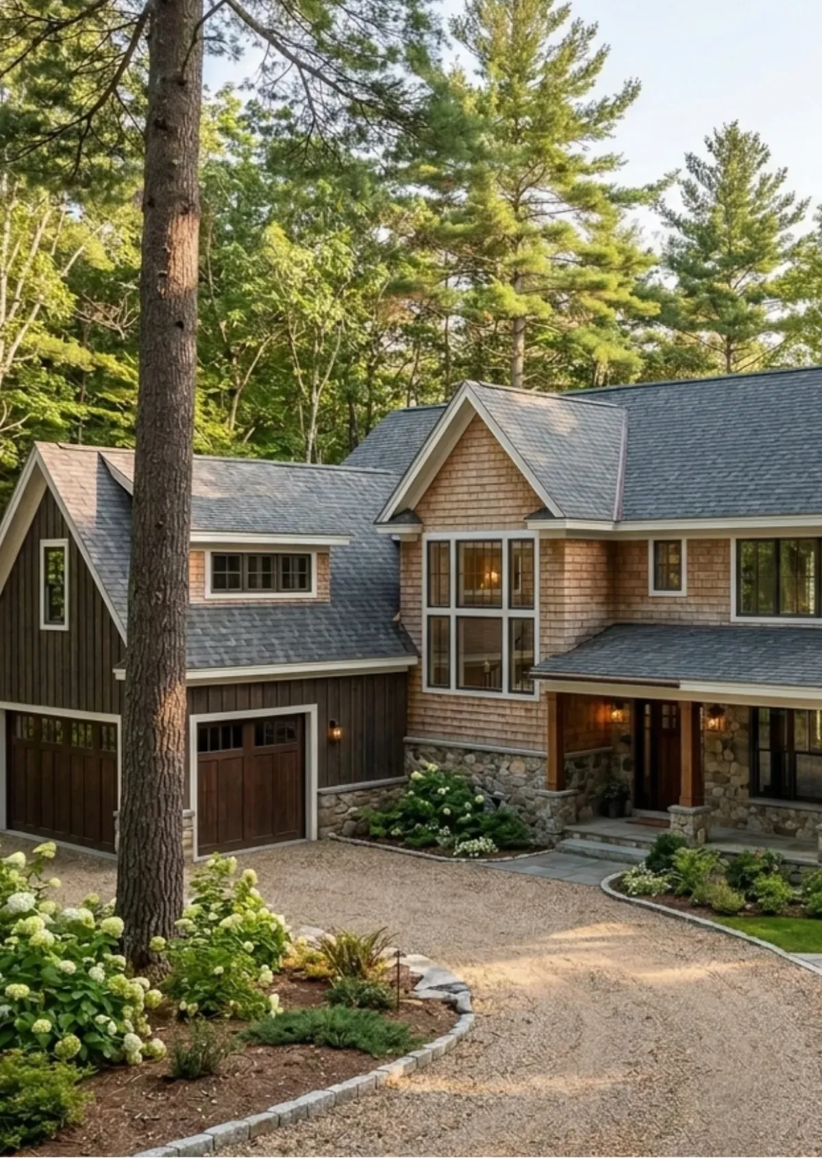 Custom home exterior surrounded by trees